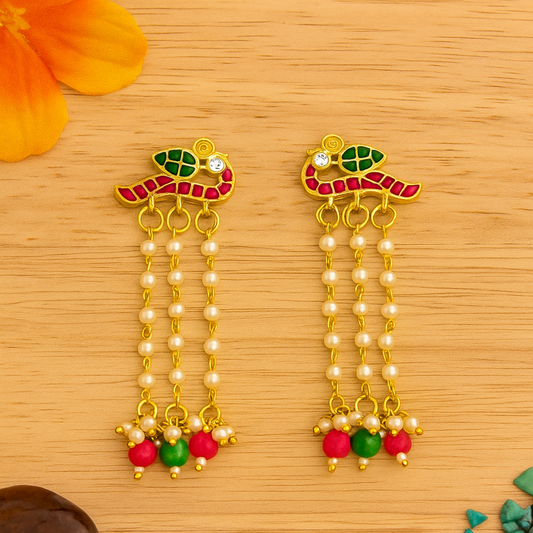 Gold Plated Pearl Drop Earrings with Ruby & Emerald Stones