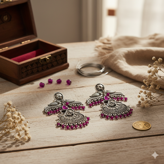 Ethnic Peacock Oxidized Silver-Plated Magenta Stone Studded Drop Earrings.