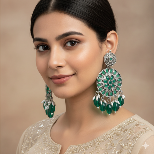 Oxidized Silver-Plated & Green Stone Dangling Earrings β¨