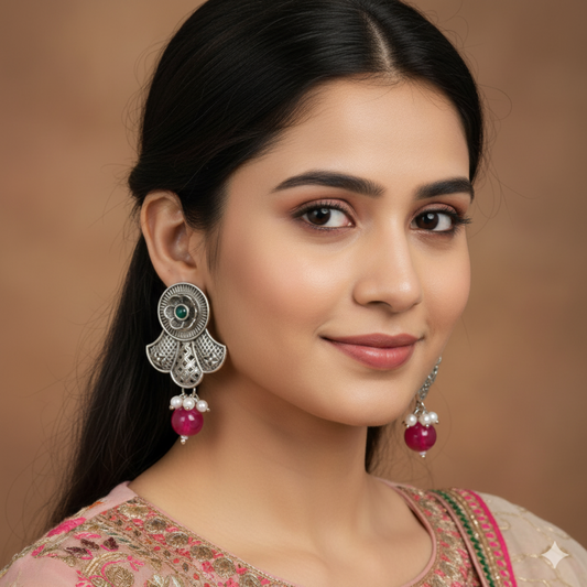 Ethnic Green Gemstone & Oxidized Silver Chandbali Earrings