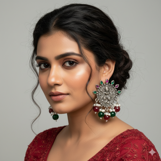 Floral & Circular Oxidized Silver-Plated Drop Earrings with Maroon Stone Embellishments.