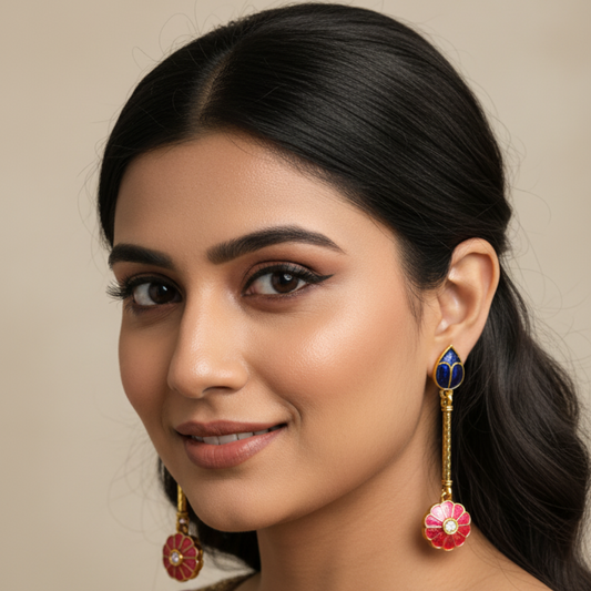 Royal Blue and Red Meenakari Drop Earrings