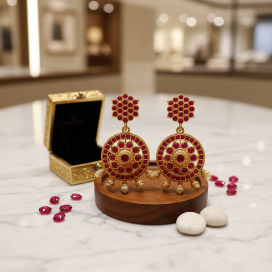 Crimson & Gold Ruby-Pearl Drop Earrings