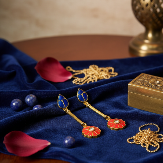 Royal Blue and Red Meenakari Drop Earrings
