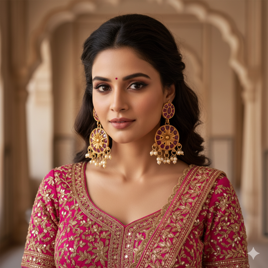 Traditional Gold-Plated Ruby & Pearl Dangler Earrings