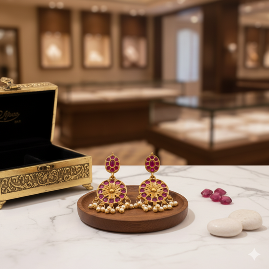 Traditional Gold-Plated Ruby & Pearl Dangler Earrings