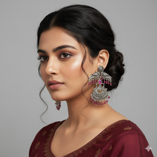Ethnic Peacock Oxidized Silver-Plated Magenta Stone Studded Drop Earrings.