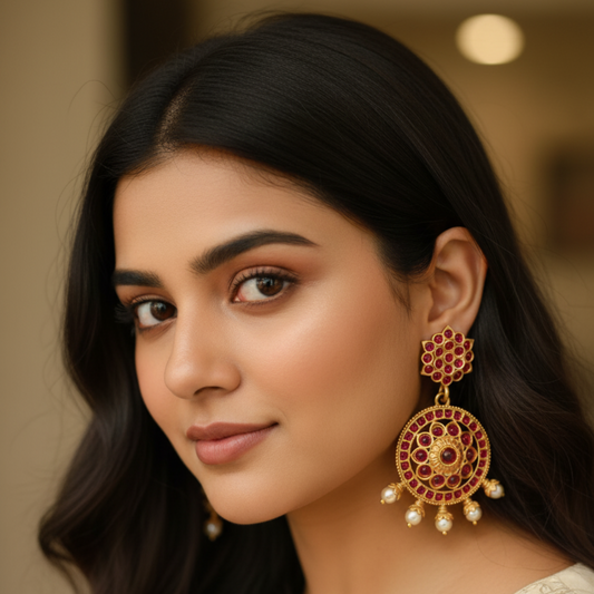 Crimson & Gold Ruby-Pearl Drop Earrings