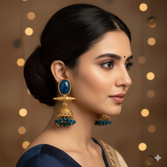 Majestic Blue Stone & Beaded Jhumka Earrings