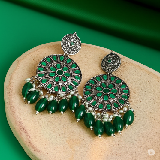 Oxidized Silver-Plated & Green Stone Dangling Earrings β¨