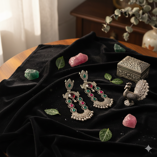 Oxidized Silver Jhumka Earrings with Emerald and Ruby Stones β¨
