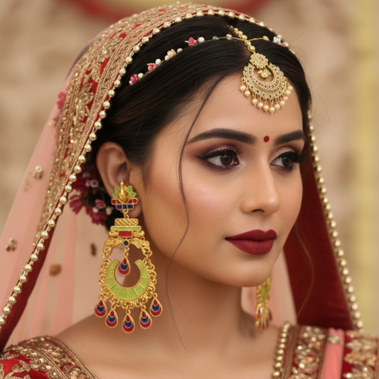 Traditional Indian Bridal Chaandbali Jhumka Earrings with Enamel Work