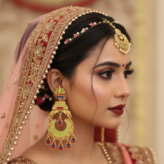 Traditional Indian Bridal Chaandbali Jhumka Earrings with Enamel Work