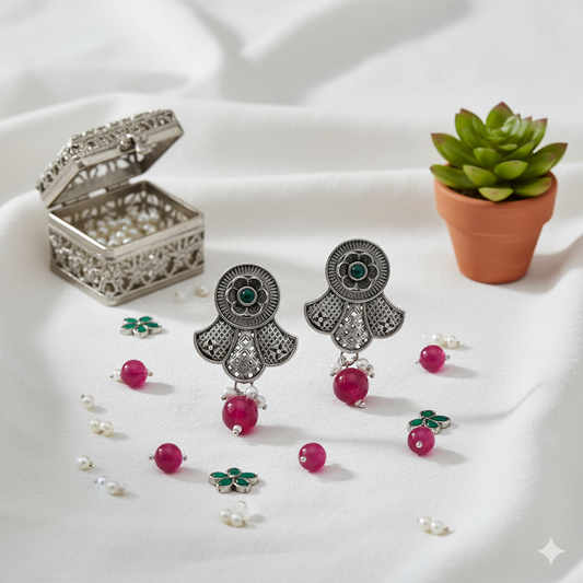 Ethnic Green Gemstone & Oxidized Silver Chandbali Earrings