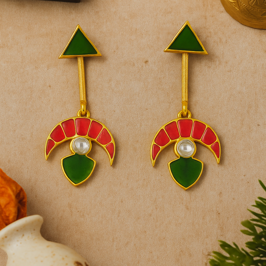 Gold Plated Pearl Drop Earrings with Ruby & Emerald Stones