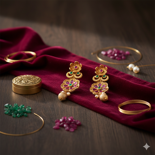Exquisite Antique Gold & Gemstone Floral Earrings