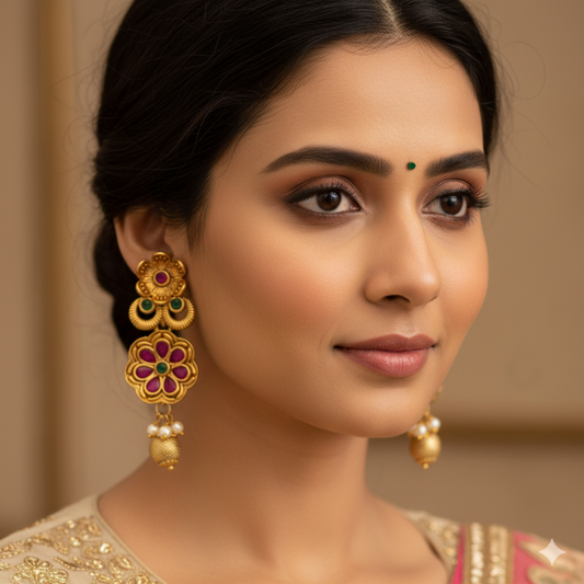 Exquisite Antique Gold & Gemstone Floral Earrings