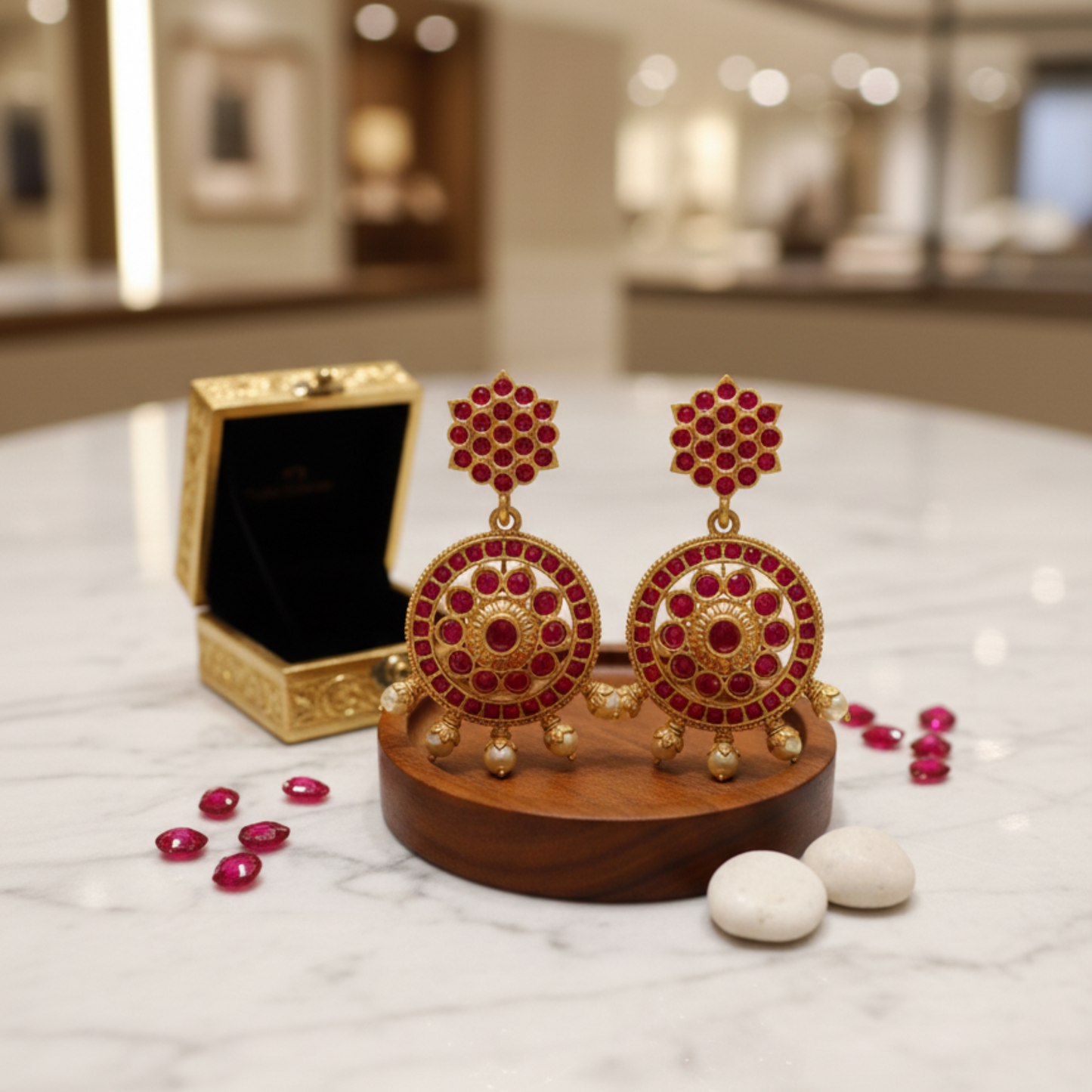 Crimson & Gold Ruby-Pearl Drop Earrings