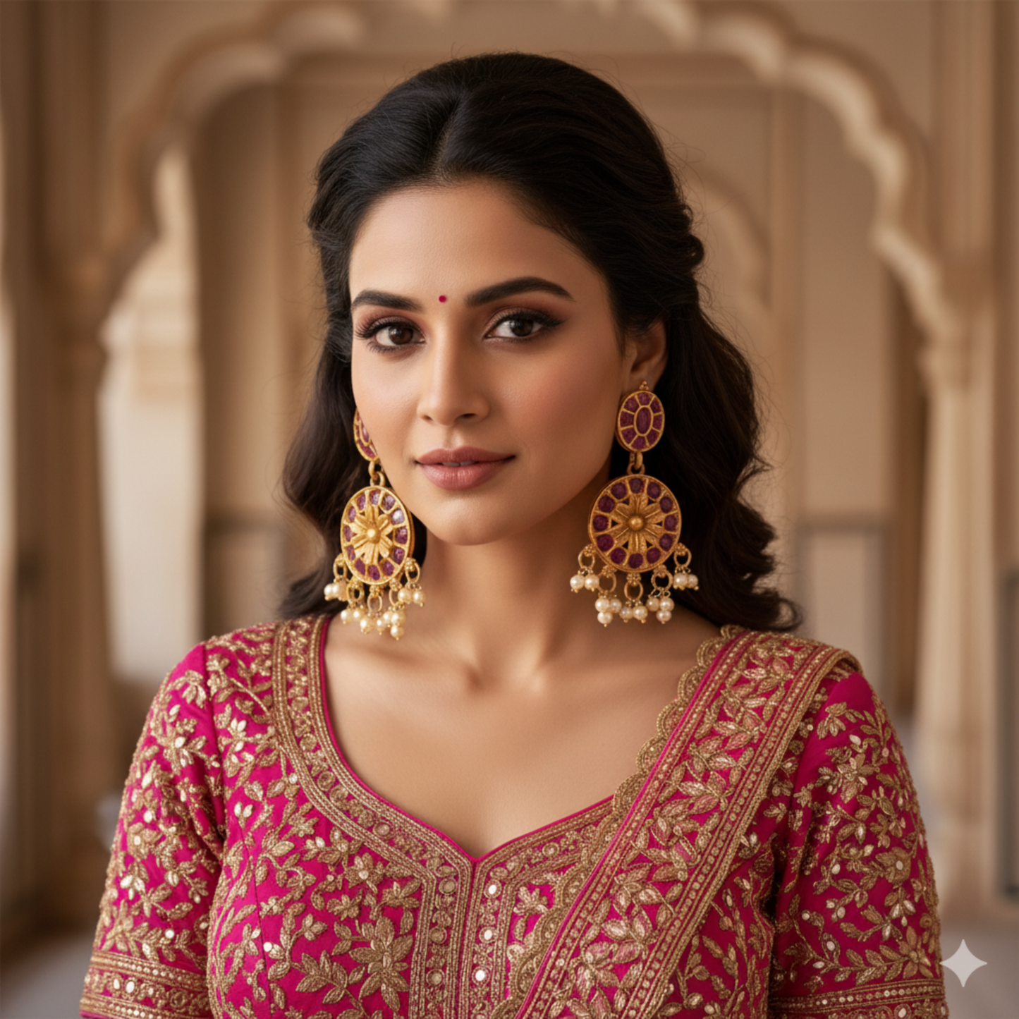 Traditional Gold-Plated Ruby & Pearl Dangler Earrings