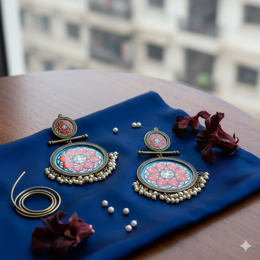 🌺 Hand-Painted Floral Jhumkas with Pearl Detailing