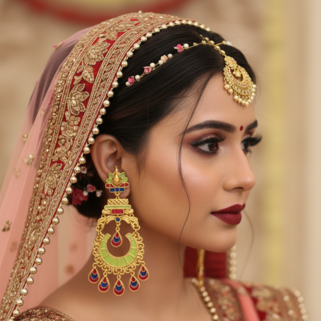 Traditional Indian Bridal Chaandbali Jhumka Earrings with Enamel Work
